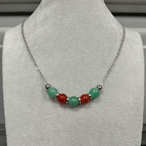 Red Carnelian Green Aventurine Natural Gemstone Necklace Stainless-Steel Crystal - Picture 1 of 13